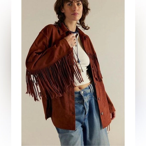 Free People We The Free Fringe Out Vegan Suede Jacket Cherry Mahogany Med NWT